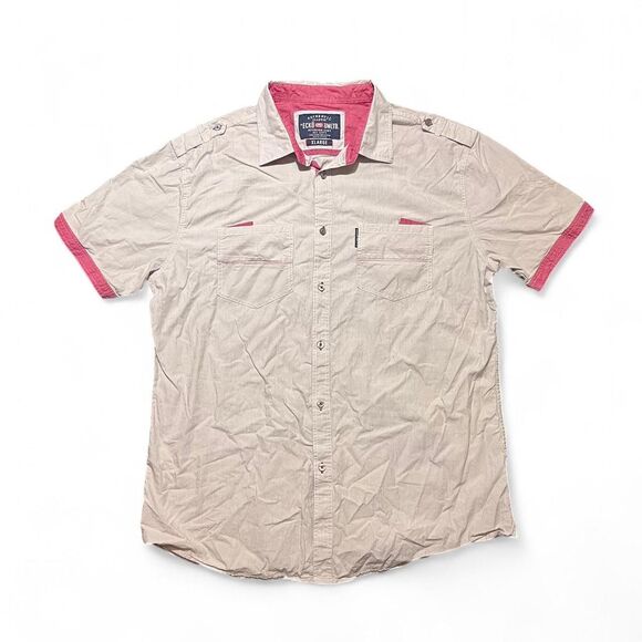 Vintage Ecko Unltd White Pink Button Up Short Sleeve Shirt Sz XL - Picture 1 of 5